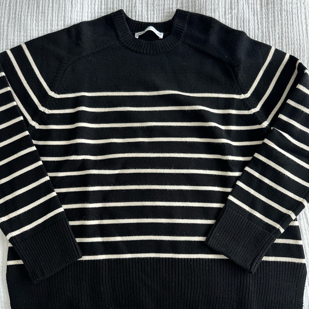 Zara Black and White Striped Crewneck Sweater